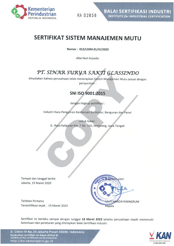 pt sinar surya sakti glassindo iso certificate